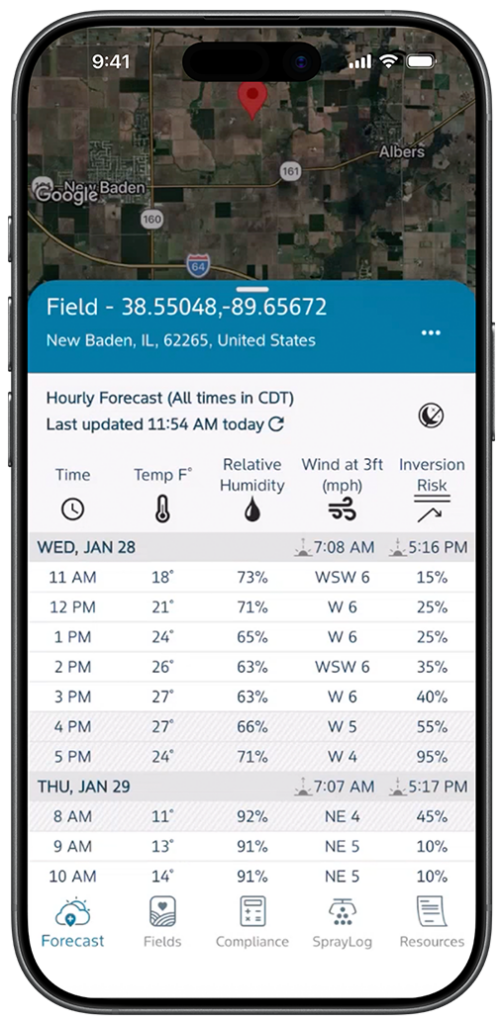 Mobile phone with weather forecasts from the Bayer Spray app