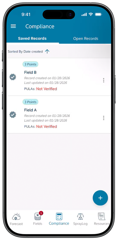 Mobile phone showing saved field records under Compliance in the Bayer Spray app