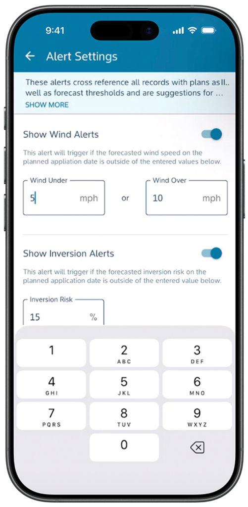 Mobile phone showing wind and inversion alerts enabled within the Bayer Spray app