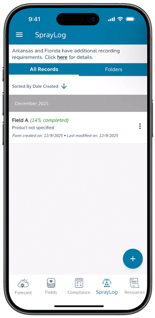 Mobile phone showing saved field records under Spray Logs.